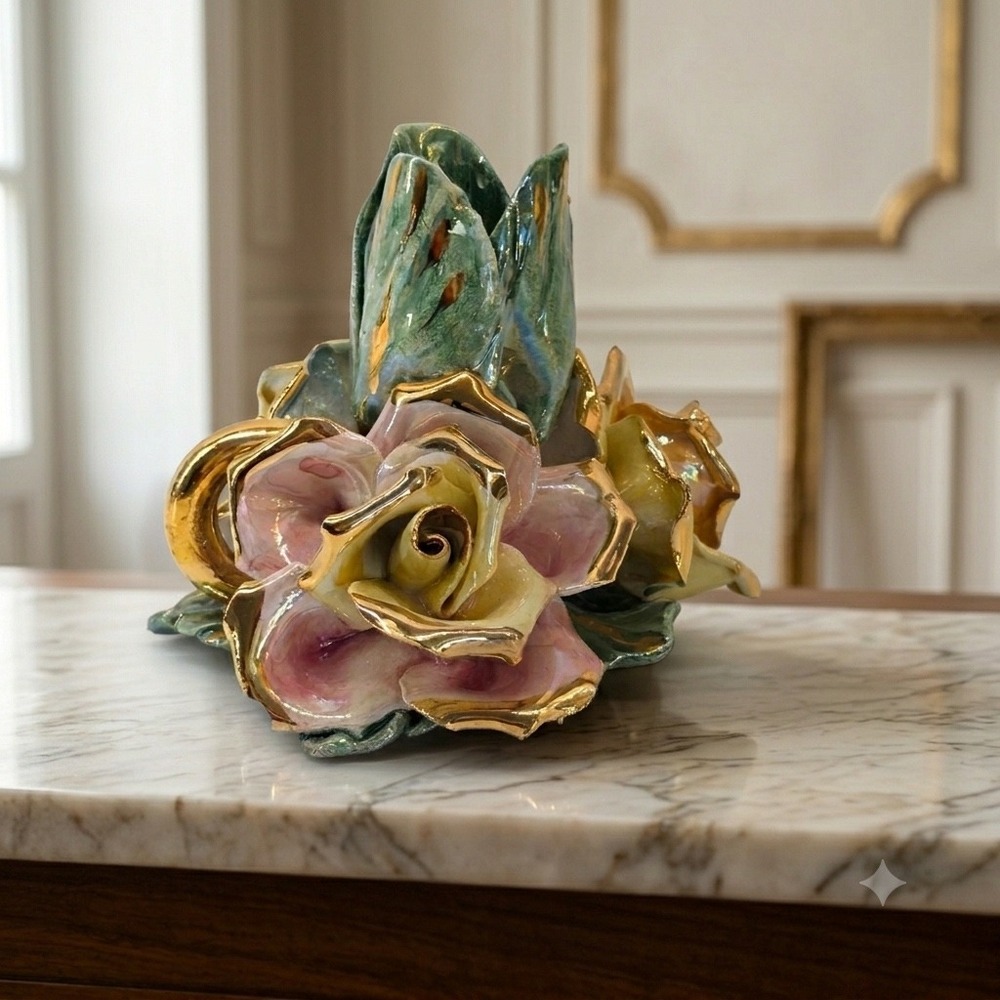 Capodimonte Porcelain Rose Candle Holder Gold Gilt Floral‎ Bouquet Italy